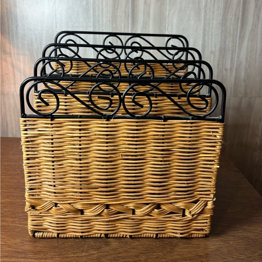 Vintage Wicker File Organizer with Black Metal Dividers - Natural Brown